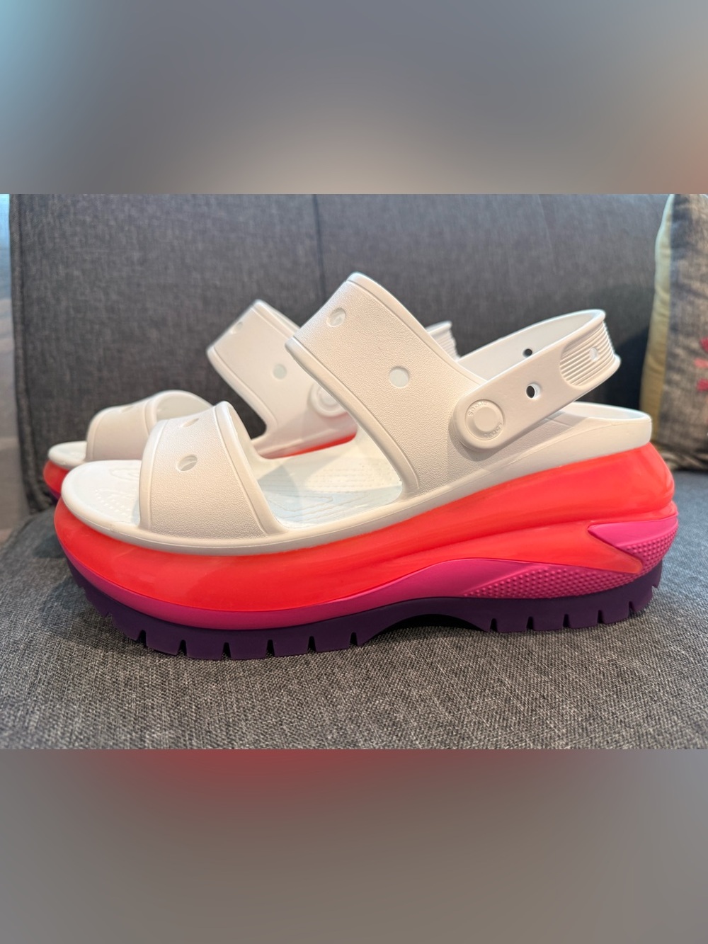 CROCS White Platform Sandals with Pink and Purple Layered Sole